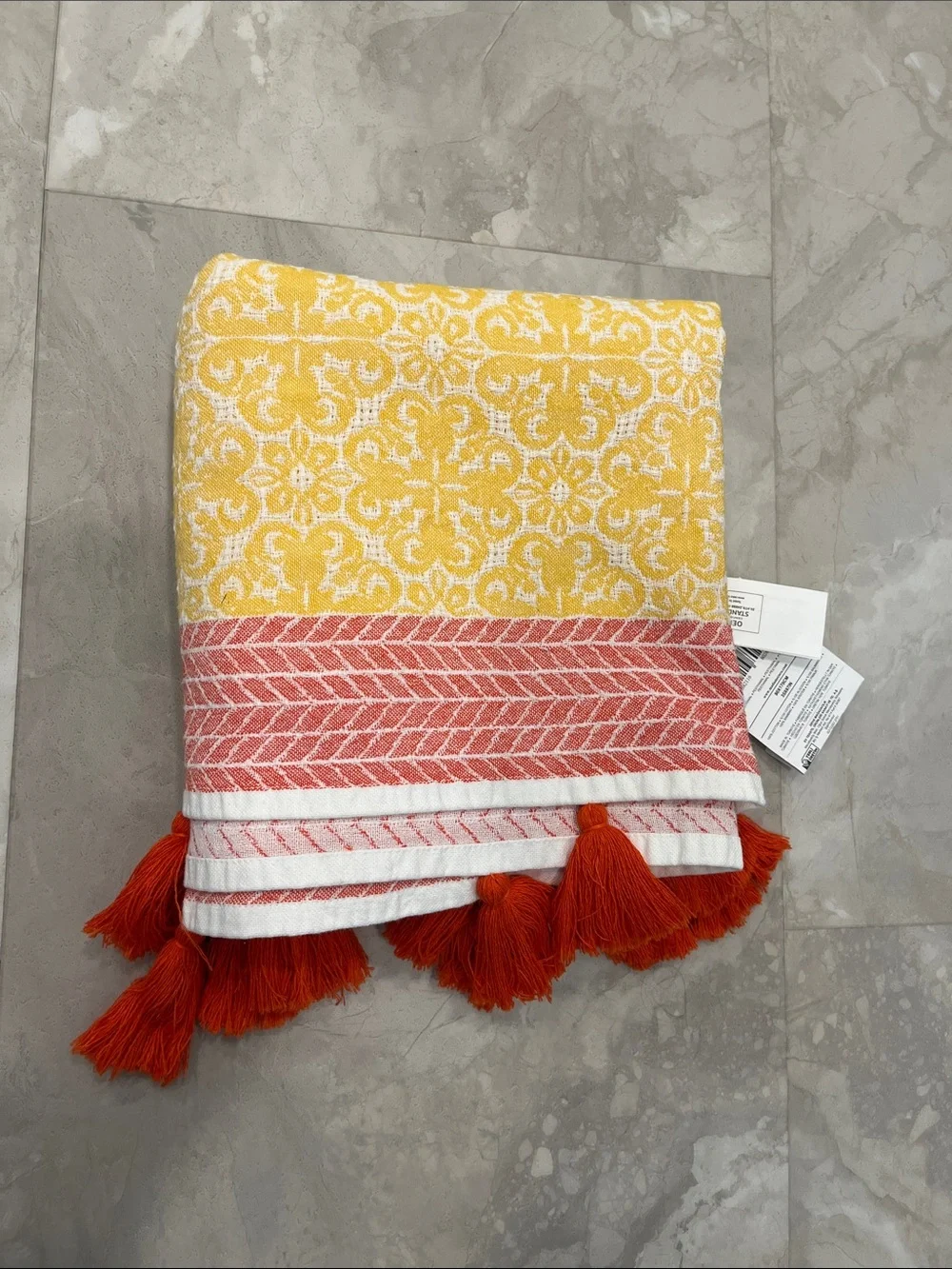 Turkish Towel Peshtemal Throw Yellow Cotton jacquard with Pink Trim & Red Tassel